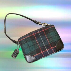 COACH  Small Wool Plaid Wristlet Red Green Navy w Black Leather Trim EUC